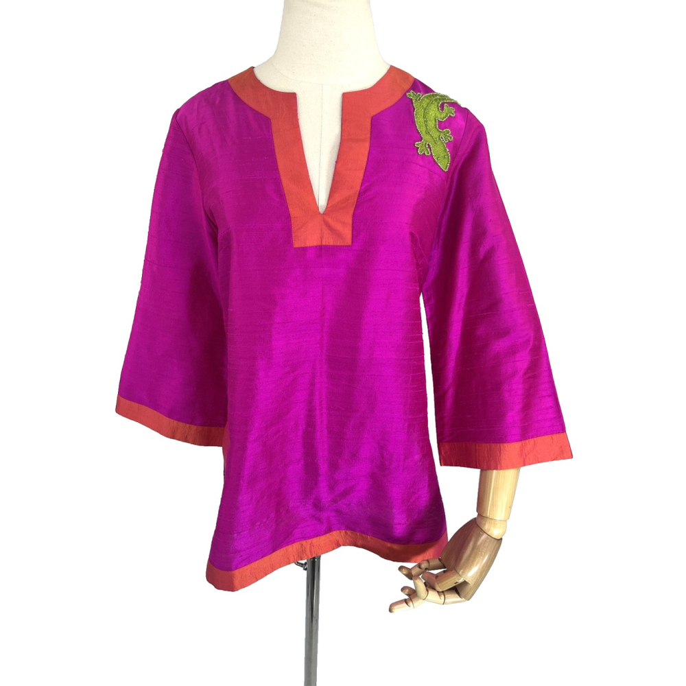 New‎ Lilly Pulitzer Tunic Top Taffeta Silk Green Lizard Embroidery Small Rare